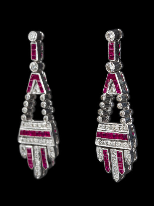 独角鹿西洋古董珠宝法国18k白金镶嵌钻石红宝石耳环耳坠耳饰一对 商品图2