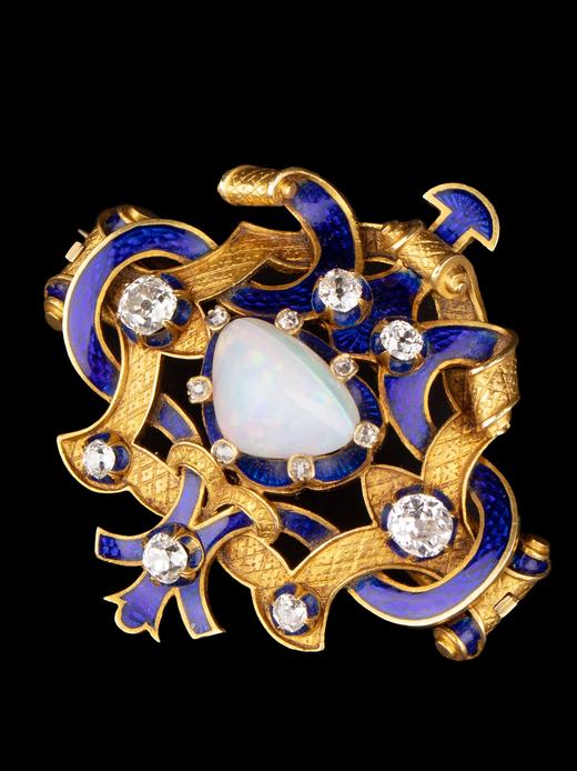 独角鹿西洋古董珠宝首饰崇古风格黄金镶欧泊石钻石宝蓝色珐琅胸针 商品图3