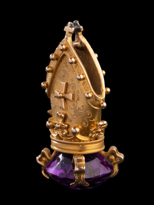 独角鹿西洋古董欧洲主教冠造型黄金雕花嵌紫水晶火漆印章吊坠 商品图2