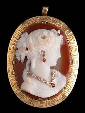 独角鹿西洋古董18K金红宝石钻石嵌Cameo卡梅奥玛瑙浮雕胸针吊坠