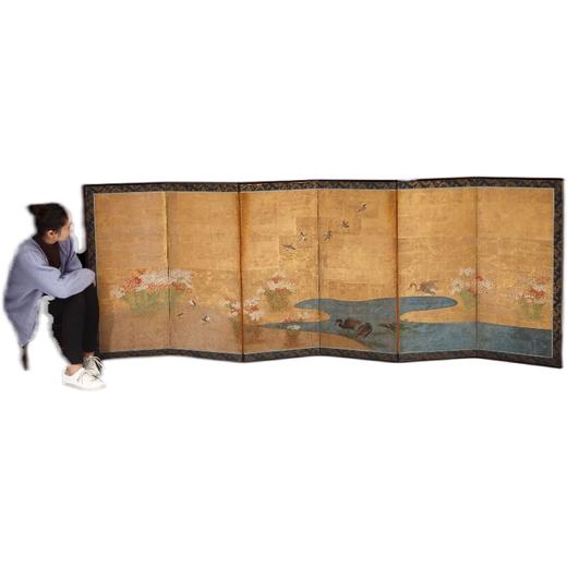 独角鹿西洋古董江户时代狩野派花鸟纸本金叶六曲秋草图日式屏风 商品图4