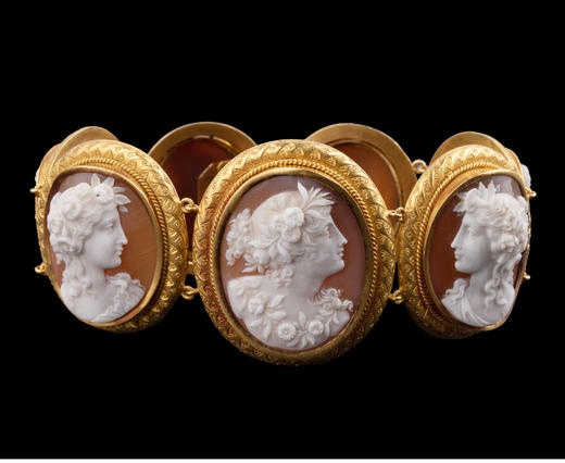 独角鹿西洋古董首饰18k金镶嵌古典女神Cameo玛瑙圆章浮雕手链手镯 商品图2