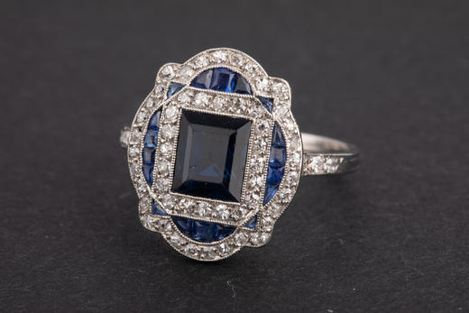 独角鹿西洋古董首饰珠宝法国装饰艺术时期铂金镶嵌钻石蓝宝石戒指 商品图3