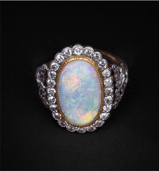 独角鹿西洋古董美好时代时期英国18K黄金铂金镶嵌欧泊石钻石戒指 商品图2