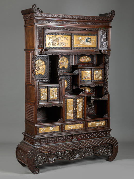 独角鹿西洋古董家具明治漆木镂雕花鸟博古芝山镶嵌多宝阁展示柜 商品图2