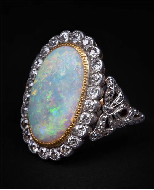 独角鹿西洋古董美好时代时期英国18K黄金铂金镶嵌欧泊石钻石戒指 商品图4