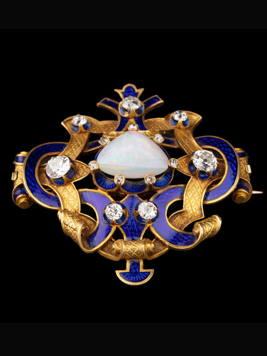独角鹿西洋古董珠宝首饰崇古风格黄金镶欧泊石钻石宝蓝色珐琅胸针 商品图4