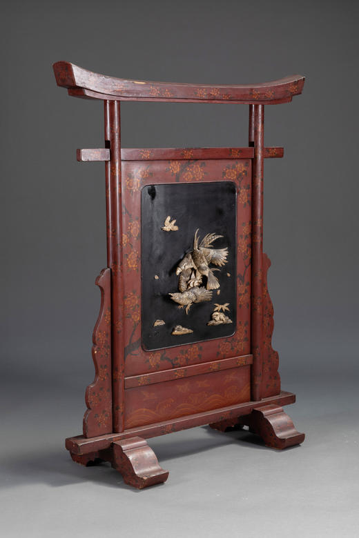 独角鹿西洋古董中国出品雄鹰主题红黑双色漆木骨雕桌屏插屏屏风 商品图2