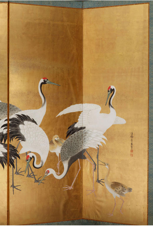 独角鹿西洋古董江户时代画师狩野派群鹤图纸本金叶六曲屏风日式 商品图2