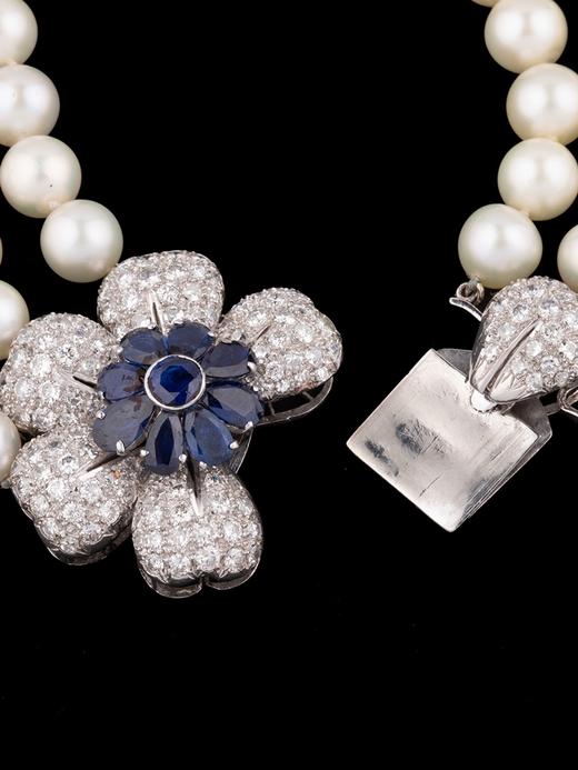 独角鹿西洋古董18K白金镶钻石蓝宝石花朵造型吊坠三股珍珠项链 商品图4