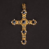 独角鹿西洋古董18K黄金镶蓝宝石老切钻石拉丝花卉镂空十字架吊坠 商品缩略图0