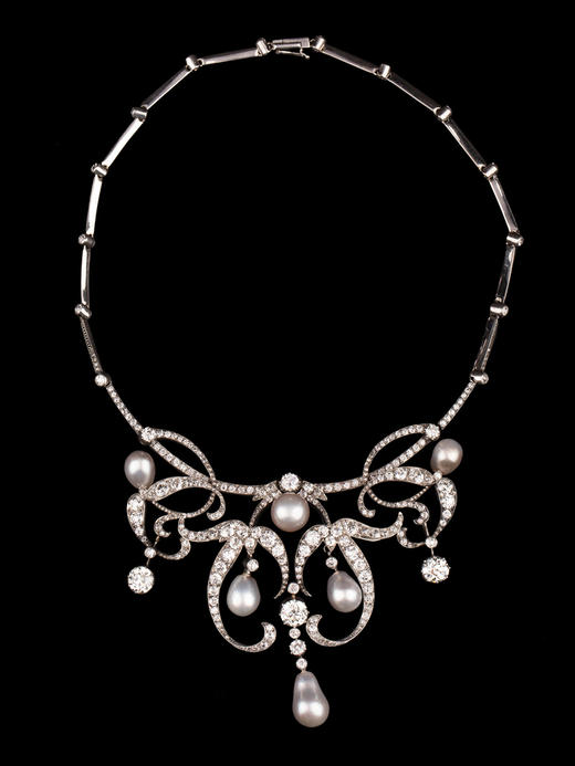 独角鹿西洋古董首饰美好时代黄金底纯银镶钻石天然海水珍珠项链 商品图3