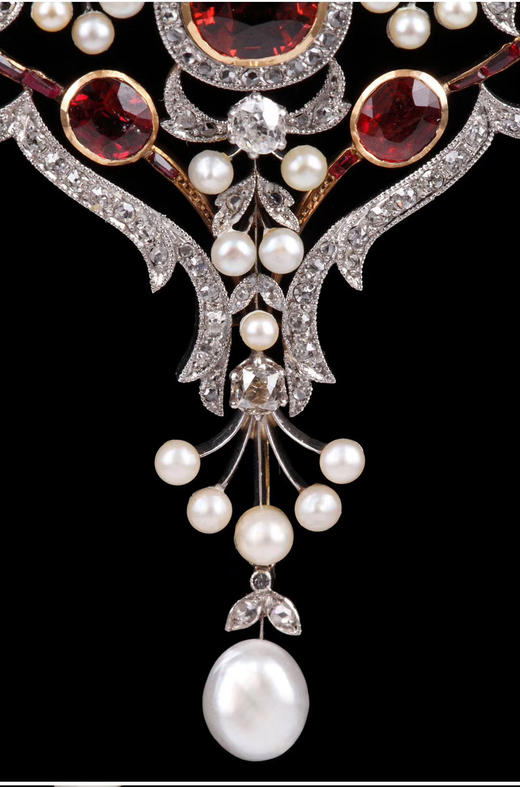 独角鹿西洋古董首饰18K金铂金镶嵌石榴石尖晶石钻石珍珠项链/胸针 商品图3