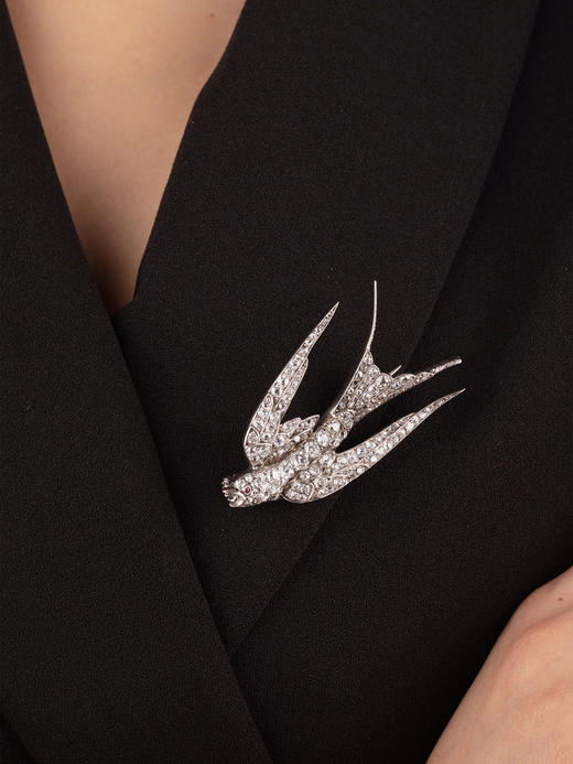 独角鹿西洋古董珠宝首饰黄金底纯银镶嵌钻石红宝石燕子造型胸针 商品图1