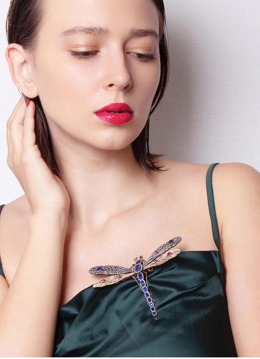 独角鹿西洋古董黄金底纯银镶嵌蓝宝石红宝石钻石颤动式蜻蜓胸针 商品图1