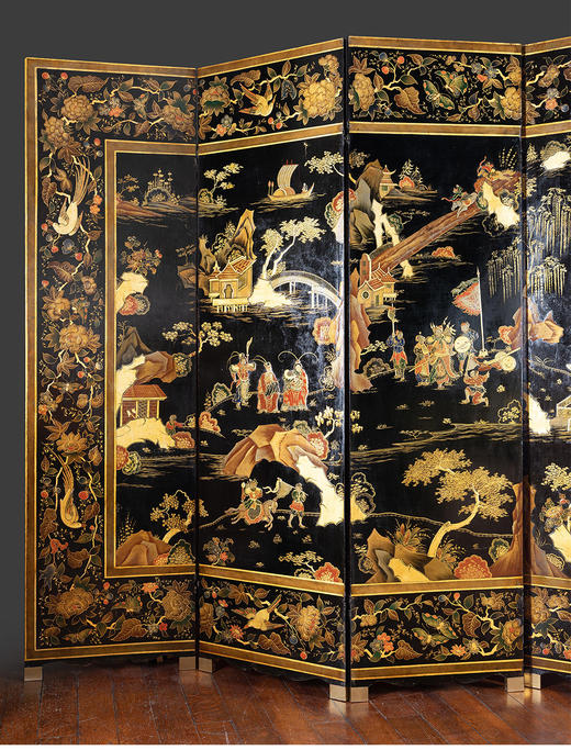 独角鹿西洋古董法国东方风格黑地五彩漆器山水亭台人物六扇屏风 商品图1