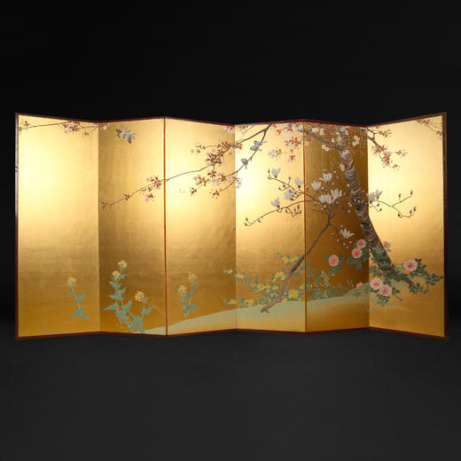 独角鹿西洋古董日本明治时期繁花鸟雀主题金地纸本着色六曲屏风 商品图0