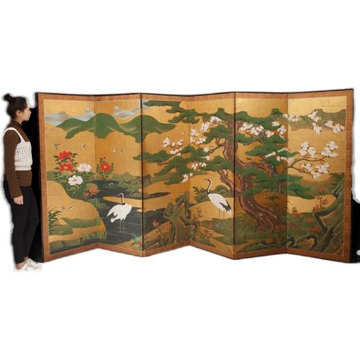 独角鹿西洋古董家具日本江户时代狩野派青松仙鹤纸本金叶六曲屏风 商品图4