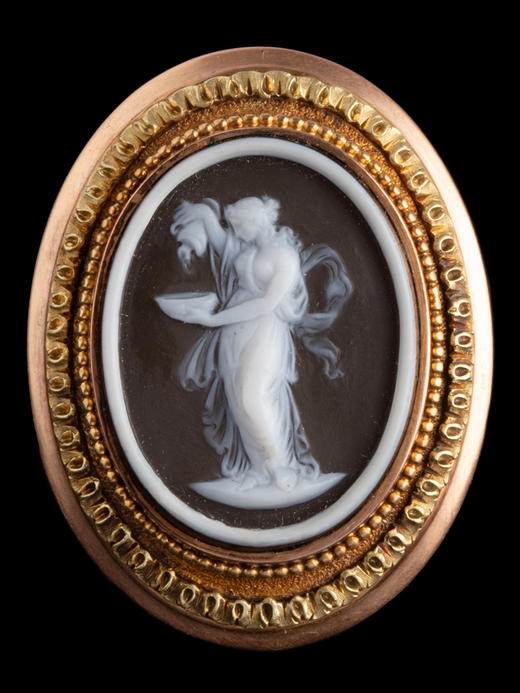 独角鹿西洋古董首饰黄金酒神女祭司Cameo卡梅奥玛瑙圆章浮雕胸针 商品图0