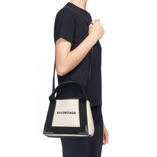 BALENCIAGA 巴黎世家 女士浅米色棉质帆布和黑色小牛皮海军蓝提挎包 混色 390346 2HH3N 9260 商品图3