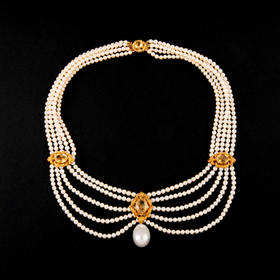 独角鹿西洋古董珠宝首饰拿破仑三世时期黄金镶嵌黄水晶珍珠项链