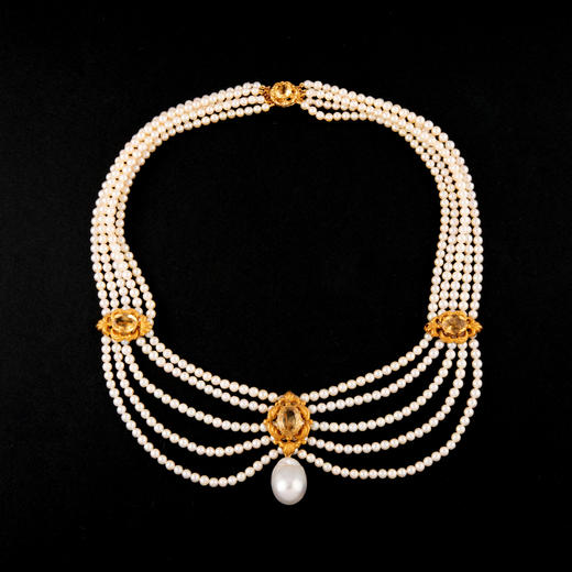 独角鹿西洋古董珠宝首饰拿破仑三世时期黄金镶嵌黄水晶珍珠项链 商品图0