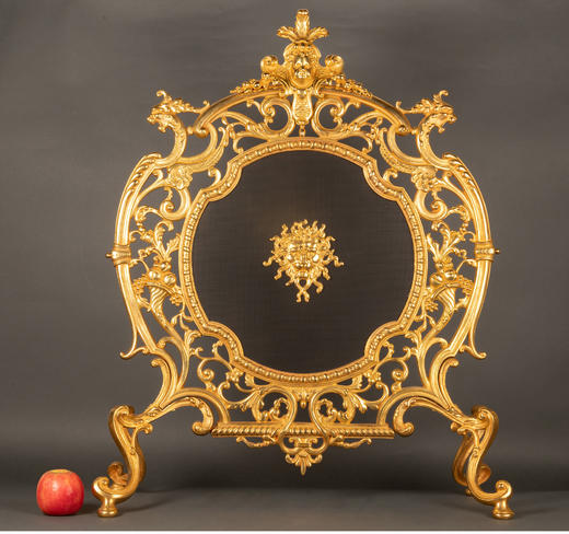 独角鹿西洋古董1880年代法国新古典风格纯铜鎏金镂雕浮雕壁炉屏风 商品图1