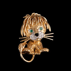 独角鹿西洋古董法国珠宝世家18K金镶祖母绿钻石珐琅小狮子胸针