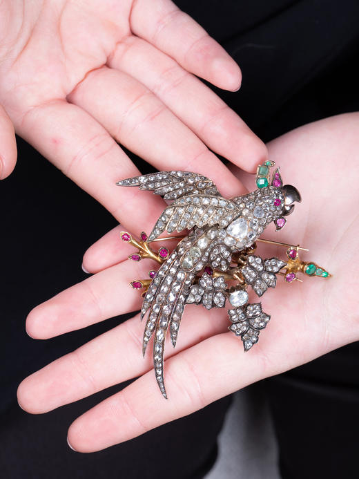 独角鹿西洋古董珠宝首饰黄金纯银镶钻石红宝石祖母绿鹦鹉造型胸针 商品图1