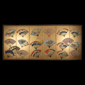 独角鹿西洋古董日本江户时期金地纸本着色东瀛折扇六曲日式屏风