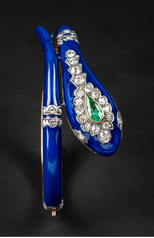 独角鹿西洋古董维多利亚时期18K金蓝色珐琅镶钻石祖母绿蛇形手镯 商品图3