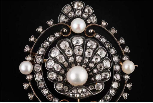 独角鹿西洋古董法国18K金纯银镶钻石与天然海水珍珠贝壳造型胸针 商品图4