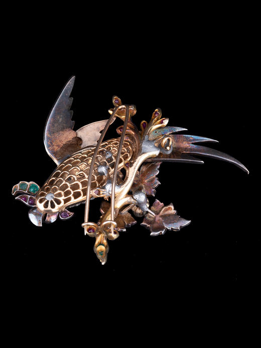 独角鹿西洋古董珠宝首饰黄金纯银镶钻石红宝石祖母绿鹦鹉造型胸针 商品图4