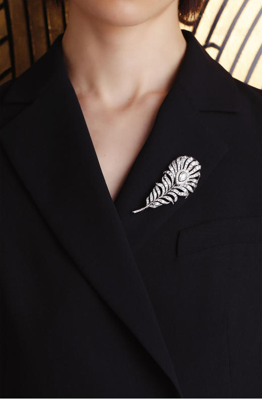 独角鹿西洋古董珠宝英国装饰艺术时铂金镶嵌钻石孔雀羽毛造型胸针 商品图1