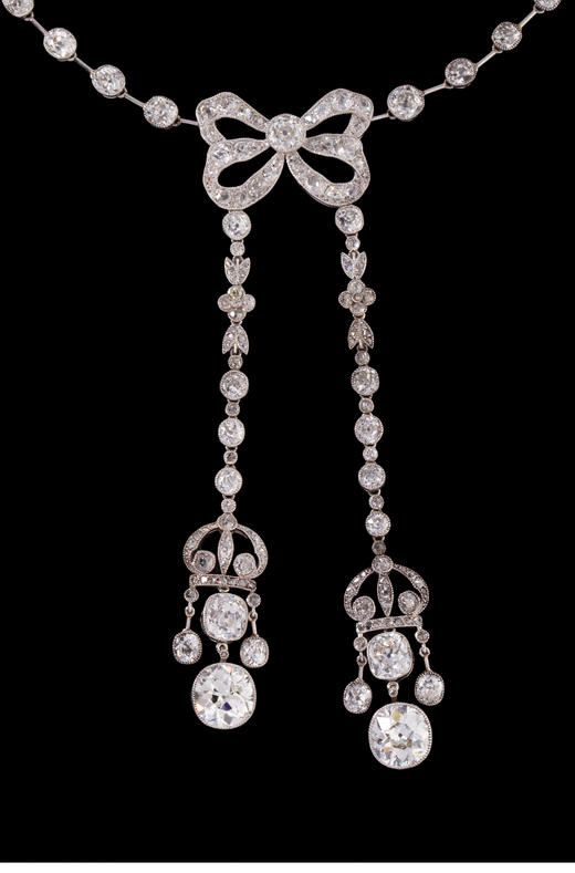 独角鹿西洋古董首饰美好时代铂金镶钻石缎带蝴蝶结Négligée项链 商品图4
