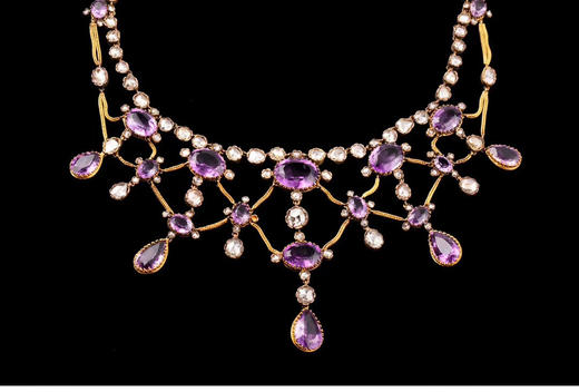 独角鹿西洋古董首饰法国出品18k金镶嵌紫水晶钻石垂花帷幔项链 商品图1