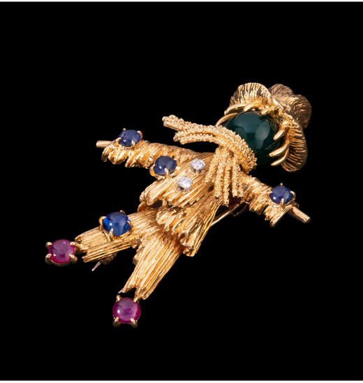 独角鹿西洋古董法国18K金镶嵌绿玉髓蓝宝石红宝石钻石稻草人胸针 商品图3