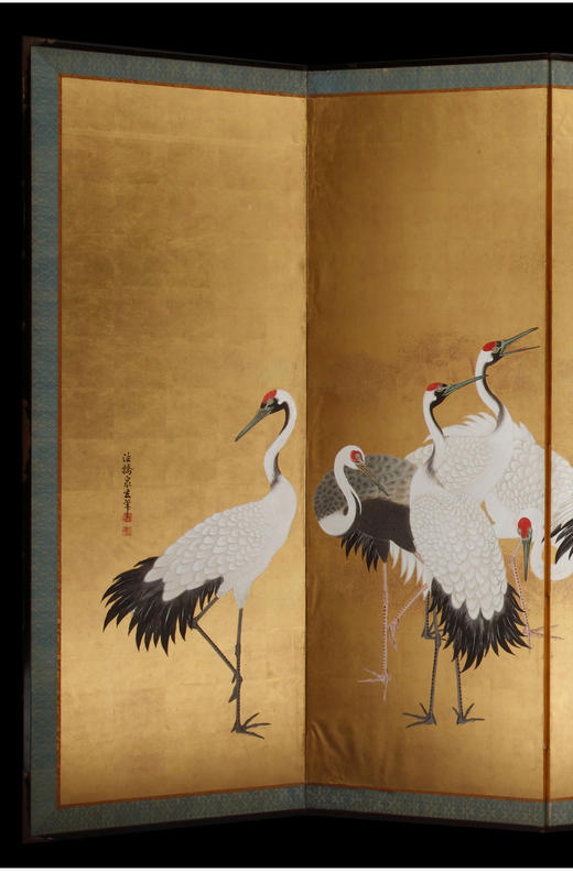 独角鹿西洋古董日本狩野派法桥泉玄签名金地纸本着色仙鹤六曲屏风 商品图2