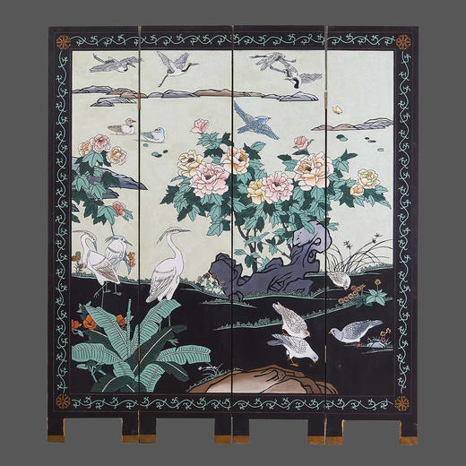 独角鹿西洋古董中国手绘瑞鹤珍禽富贵花卉主题黑地漆器四扇屏风 商品图0
