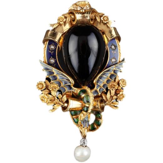 独角鹿西洋古董18K金镶石榴石野生珍珠钻石珐琅飞龙造型胸针吊坠 商品图4