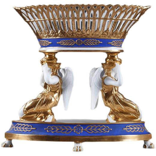 独角鹿西洋古董摆件1890年代法国出品天使托举描金镂空瓷器果篮 商品图4