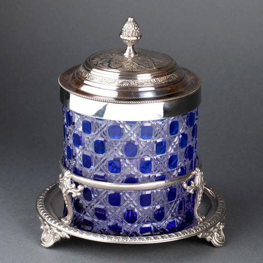 独角鹿西洋古董法国圣路易工坊出品金属镀银白蓝水晶罐饼干桶 商品图1