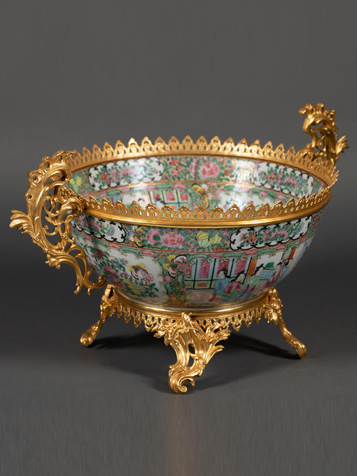 独角鹿西洋古董路易十五风铜鎏金双耳中国广彩瓷潘趣酒碗 商品图1