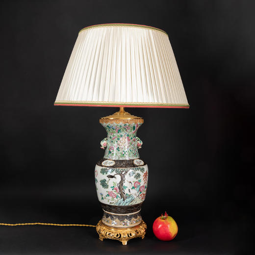 独角鹿西洋古董铜鎏金松鹤瑞禽粉彩瓷瓶底座手工缎面百褶灯罩台灯 商品图1