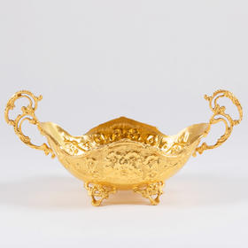 独角鹿西洋古董19世纪末法国出品银镀金雕刻双耳盘果盘摆件