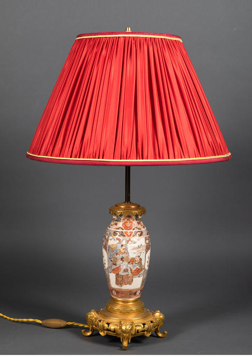 独角鹿西洋古董吉象铜鎏金嵌描金萨摩烧花瓶手工百褶灯罩台灯一对 商品图2