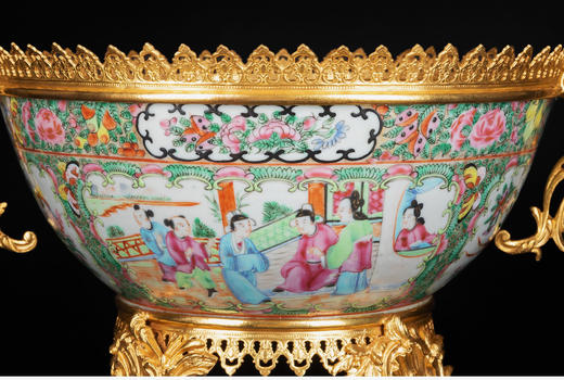 独角鹿西洋古董铜鎏金双耳底座嵌传统园邸人物中国广彩瓷潘趣酒碗 商品图3