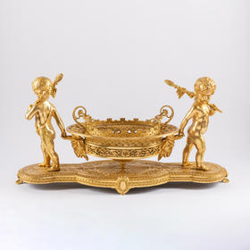 独角鹿西洋古董法国拿破仑三世时期路易十六风格天使铜鎏金水晶碗