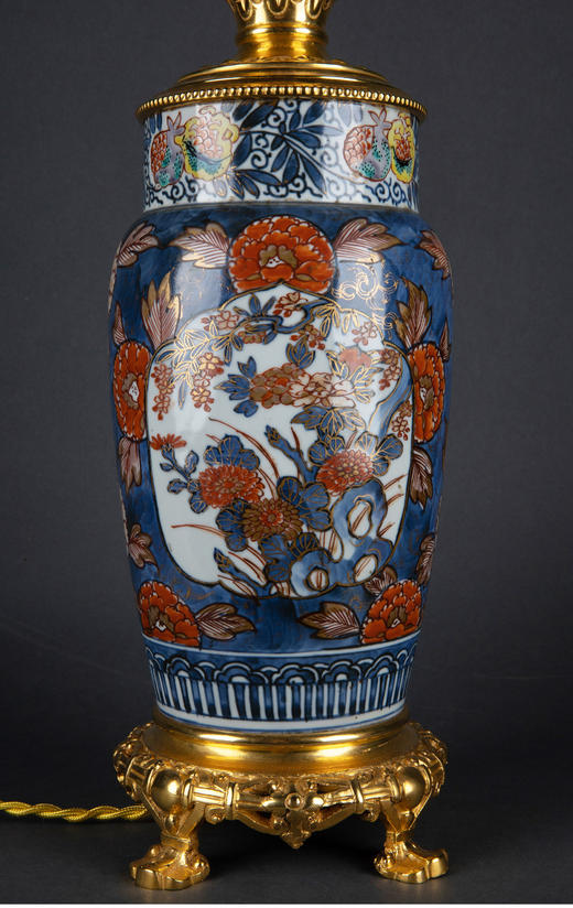 独角鹿西洋古董法国铜鎏金嵌伊万里瓷瓶描金手绘富贵牡丹台灯一对 商品图4