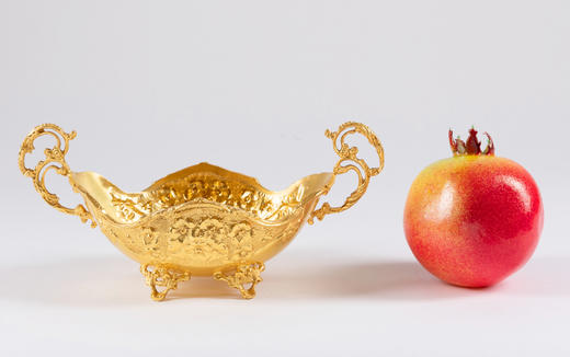 独角鹿西洋古董19世纪末法国出品银镀金雕刻双耳盘果盘摆件 商品图1
